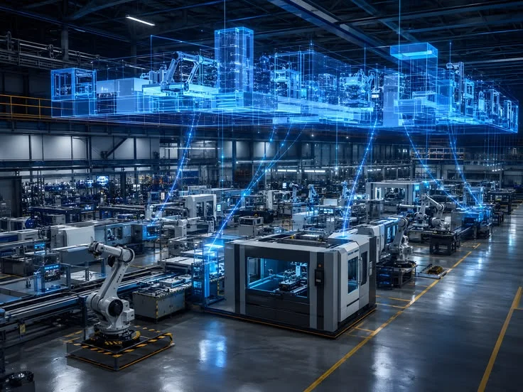 A digital twin network over the plant — machines connecting to the software