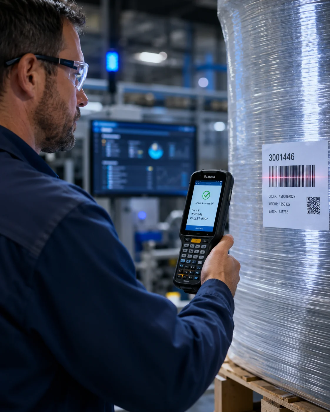 Operator scanning a pallet barcode with the live ERP panel behind