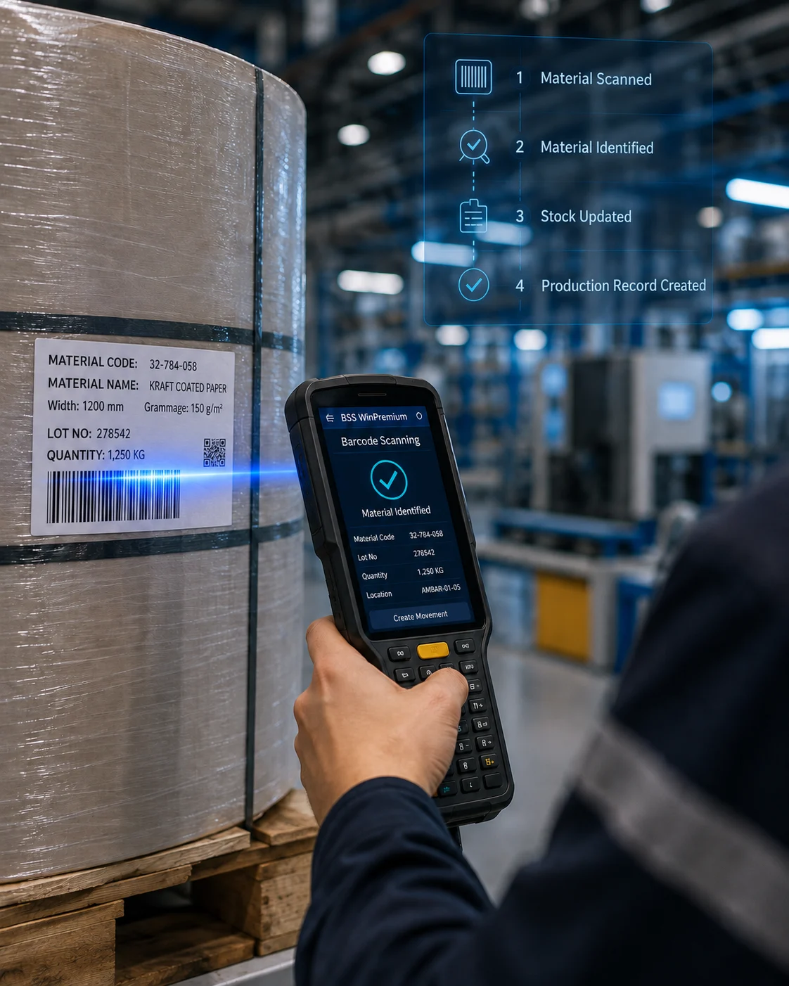 Operator scanning a reel barcode with a handheld terminal